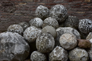 Rome, 17 May 2018, Reportage from S. Angel Castle. External and internal. Cannon balls in the yard of shootings.