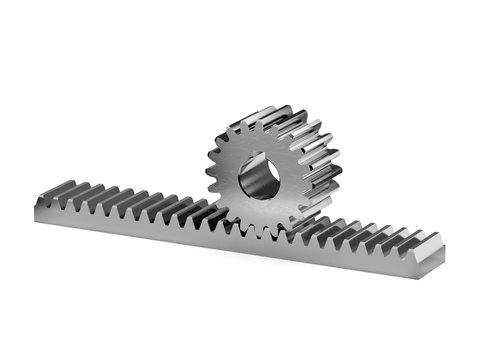 Rack with pinion gear. Toothed rack and pinion gear. 3D rendering.