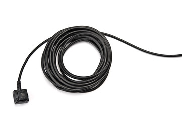 Black electric cable on white background.