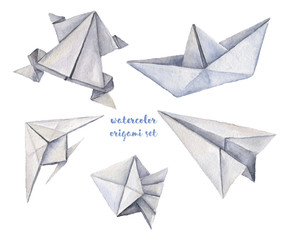 Watercolor hand drawn origami illustrations - paper airplanes, frog, boat, jellyfish