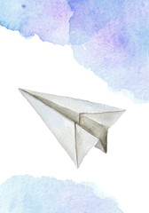 Watercolor hand drawn origami illustration - flying paper plane in the air