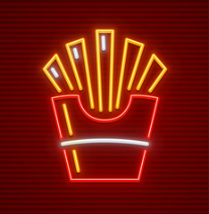 French-fried potatoes in paper cup neon icon for fast food sign.