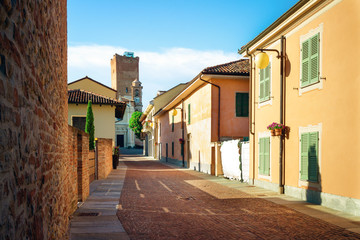 Fototapeta na wymiar View of the medieval tower and the town center of Barbaresco, one of the main villages of the wine district of Langhe, in Piedmont, Italy