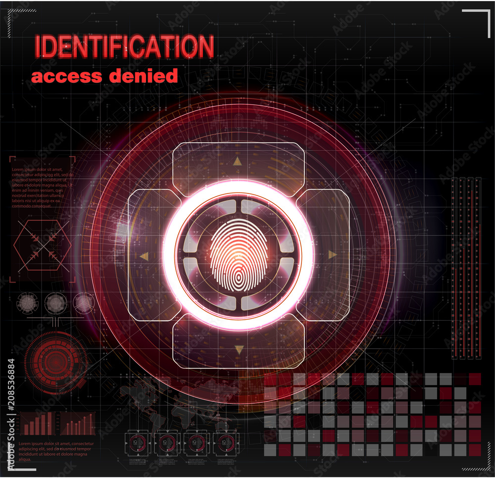 Poster verification scanners set. finger scan in futuristic style. biometric id with futuristic hud interfa