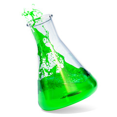 Chemical flask with green liquid and splash, 3D rendering