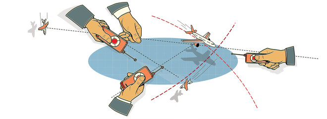 Air battle. Three men's hands with airplane control panels in flight, in peak and in a bend among clouds and lines of the route. Rise and fall. Against the blue sky.