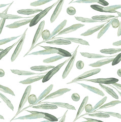 Seamless watercolor floral pattern with olives and leaves