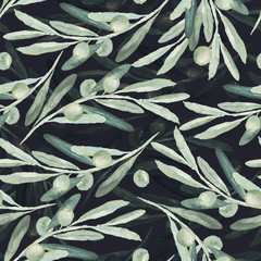 Seamless watercolor floral pattern with olives and leaves on black background