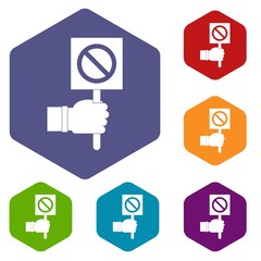 Hand showing stop signboard icons set hexagon isolated vector illustration