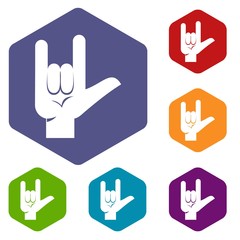 Rock gesture icons set hexagon isolated vector illustration