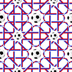 Football sport poster design. Seamless pattern with russian flag colors red, blue, white and soccer ball. Vector background 2018 design trend