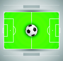 Football field with circular grass texture and soccer ball vector illustration.