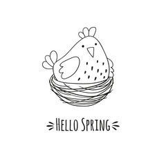Cartoon chicken in the nest and the inscription hello spring.