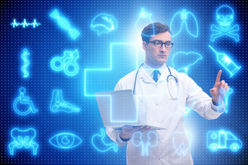 Telemedicine concept with doctor pressing virtual buttons