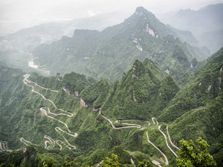 A view of the dangerous  99 curves at the Tongtian Road to Tianmen Mountain, The Heaven's Gate at Zhangjiagie, Hunan Province, China, Asia