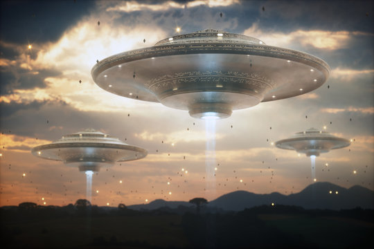 Extraterrestrial UFO spacecraft. Invasion of alien spaceships. Sky filled with mother ships and small spacecraft.