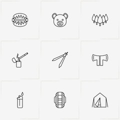 Hunting line icon set with bear, compass and lighter
