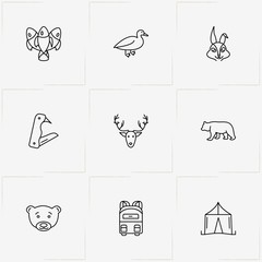 Hunting And Fishing line icon set with backpack, rabbit and fishes