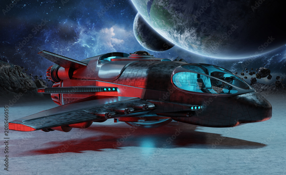 Aufkleber Futuristic spacecraft on planet background 3D rendering elements of this image furnished by NASA
