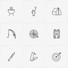 Hunting And Fishing line icon set with cauldron , knife and swiss knife