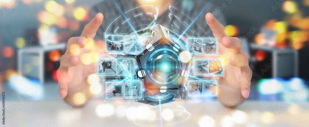 Poster businessman using futuristic drone security camera 3d rendering