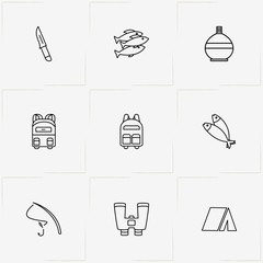 Hunting And Fishing line icon set with water flask, tent and knife