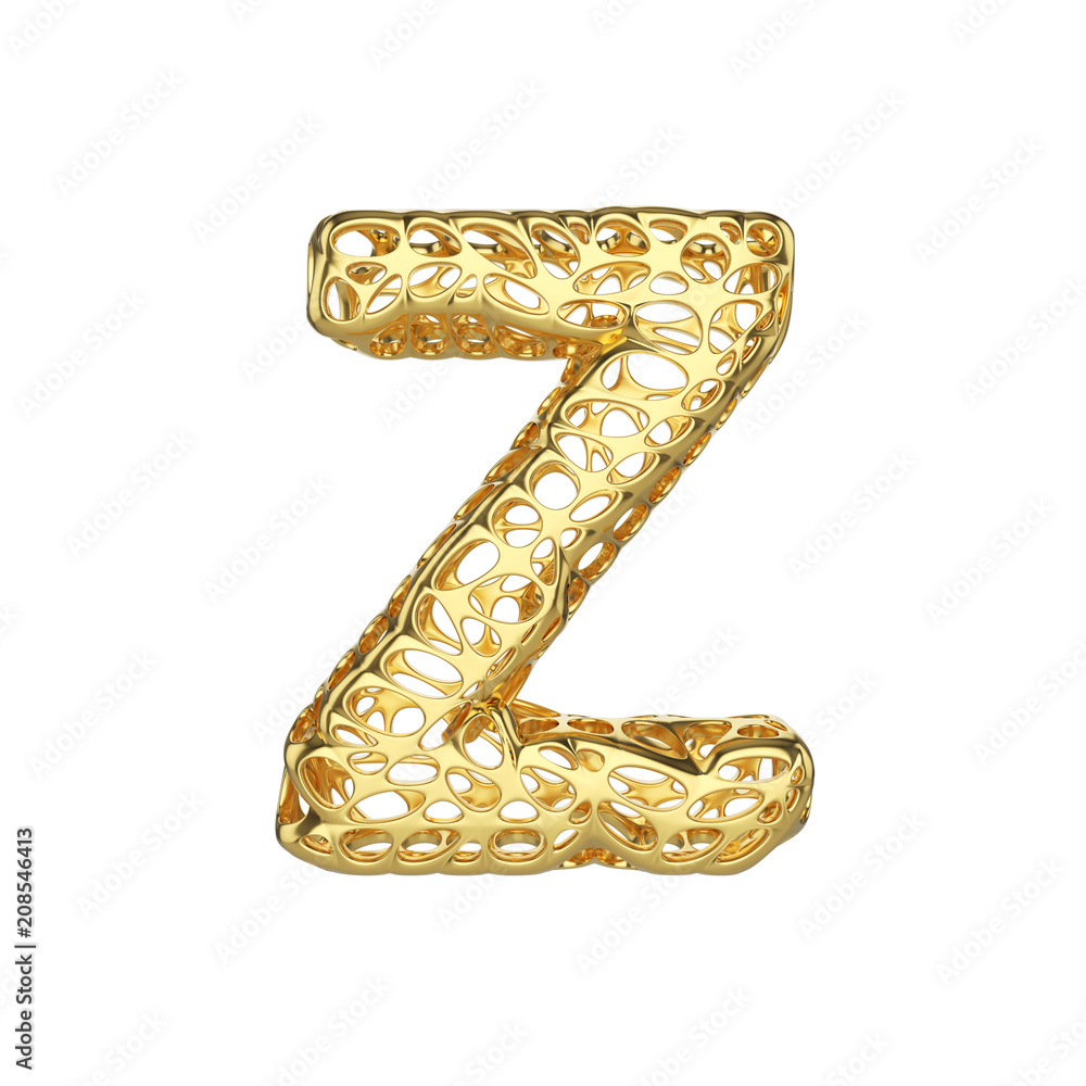 Poster alphabet letter z uppercase. gold font made of yellow cellular framework. 3d render isolated on whit