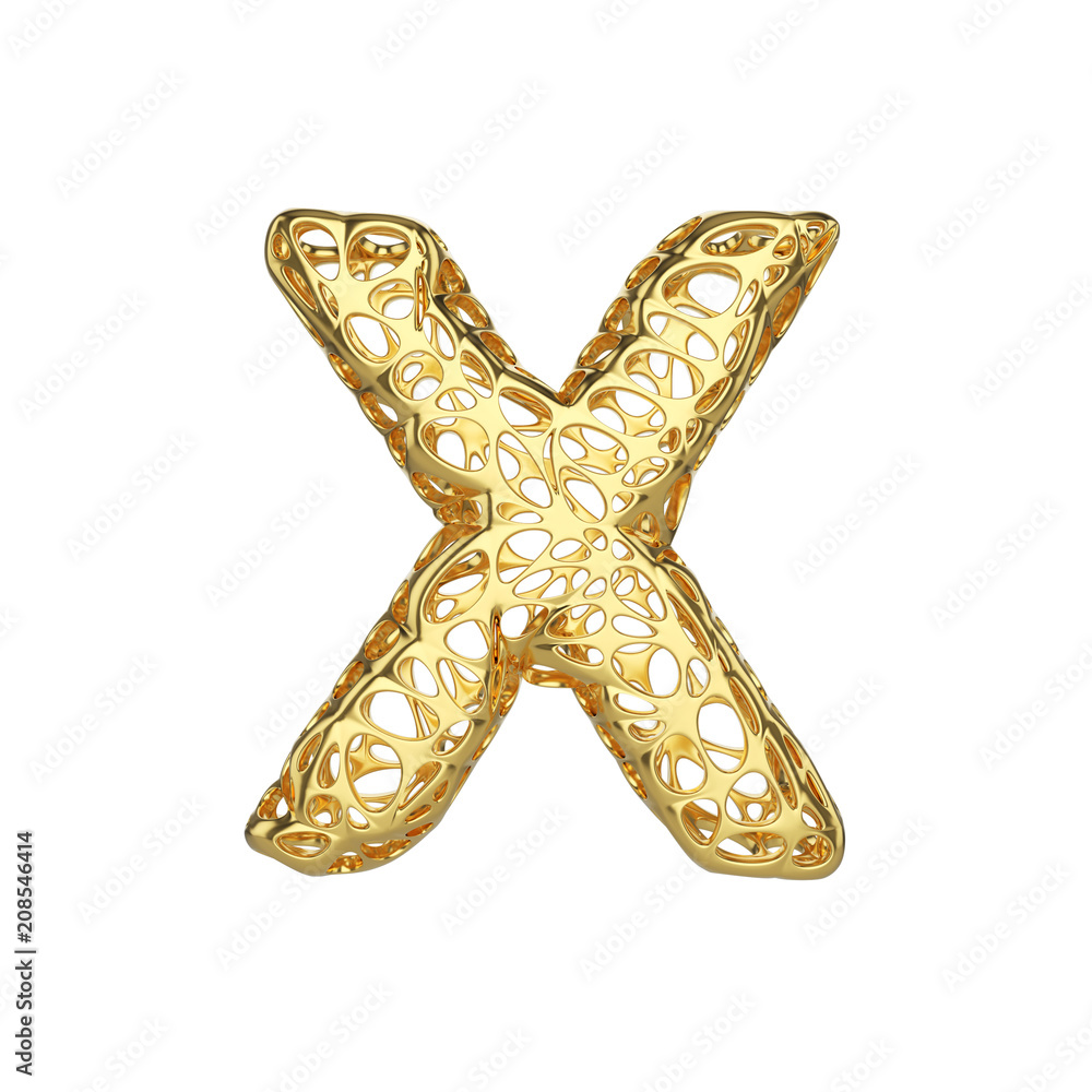 Poster alphabet letter x uppercase. gold font made of yellow cellular framework. 3d render isolated on whit