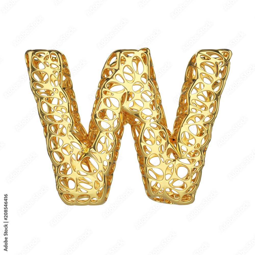 Poster alphabet letter w uppercase. gold font made of yellow cellular framework. 3d render isolated on whit