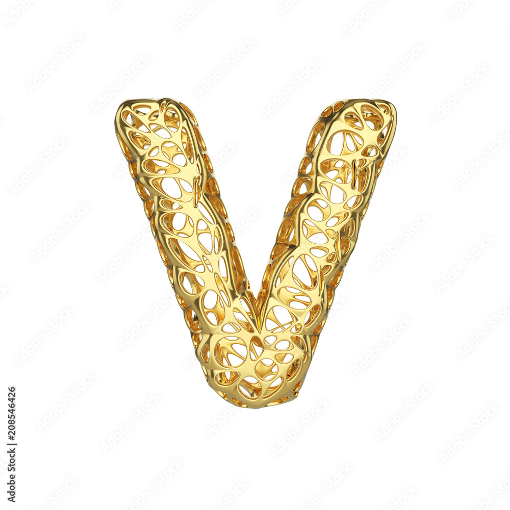 Poster alphabet letter v uppercase. gold font made of yellow cellular framework. 3d render isolated on whit
