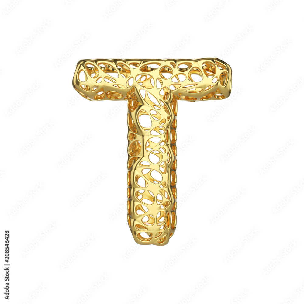 Poster alphabet letter t uppercase. gold font made of yellow cellular framework. 3d render isolated on whit
