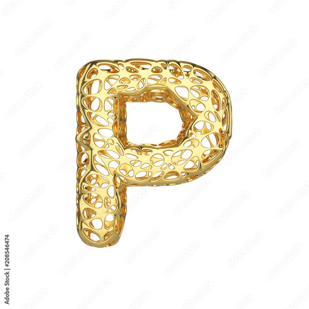 Poster alphabet letter p uppercase. gold font made of yellow cellular framework. 3d render isolated on whit