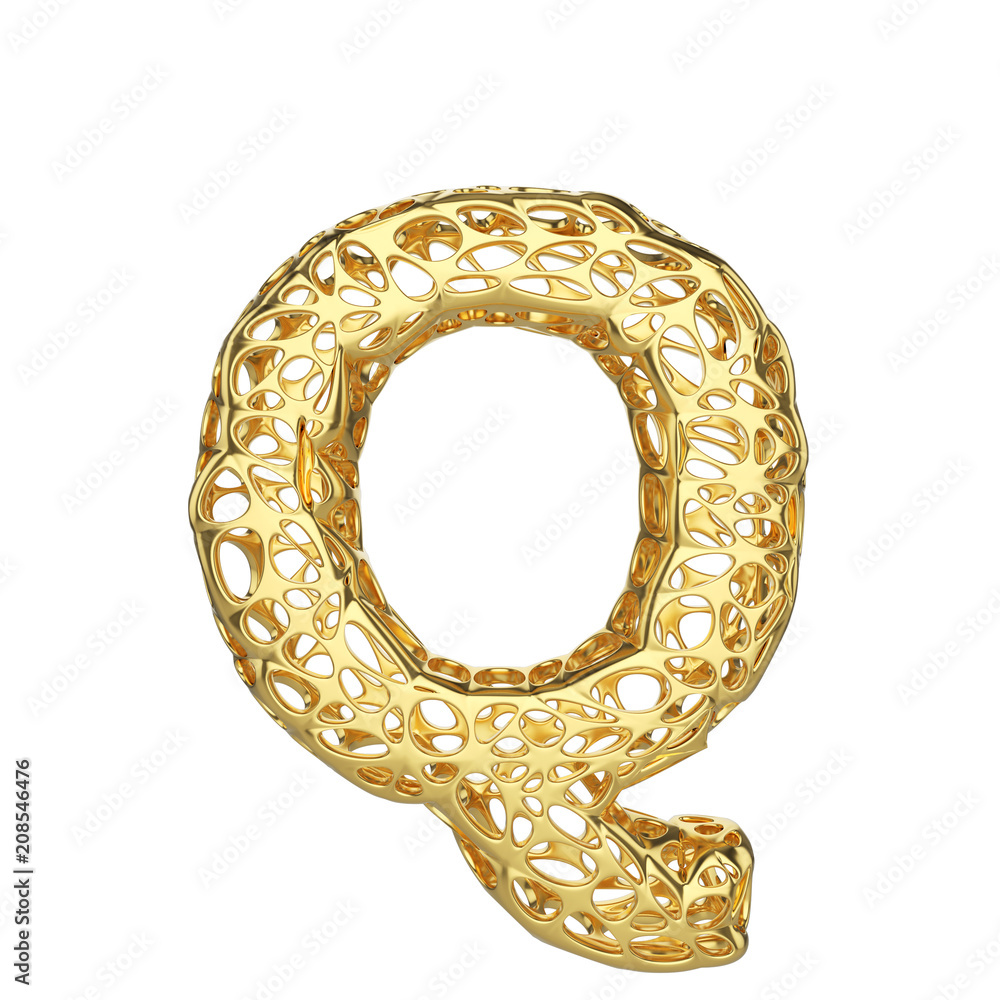 Poster alphabet letter q uppercase. gold font made of yellow cellular framework. 3d render isolated on whit