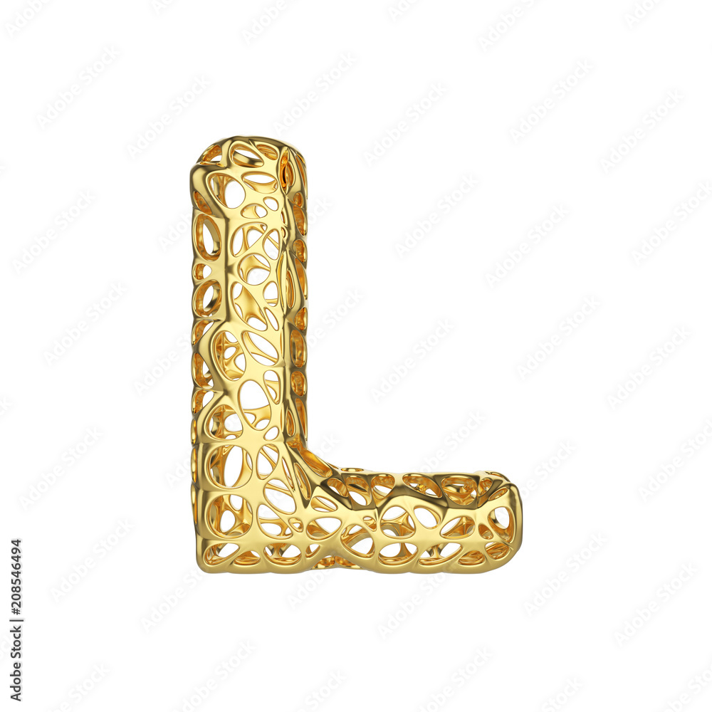 Poster alphabet letter l uppercase. gold font made of yellow cellular framework. 3d render isolated on whit