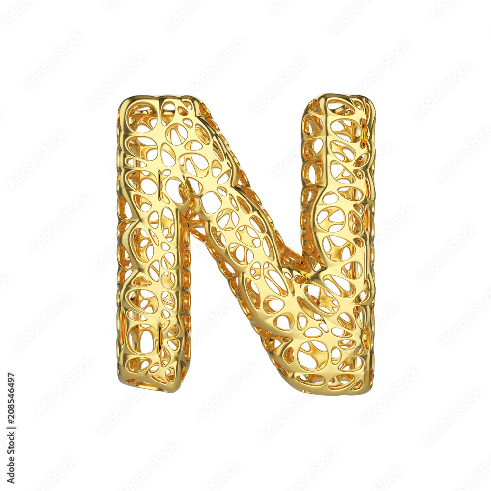 Poster alphabet letter n uppercase. gold font made of yellow cellular framework. 3d render isolated on whit