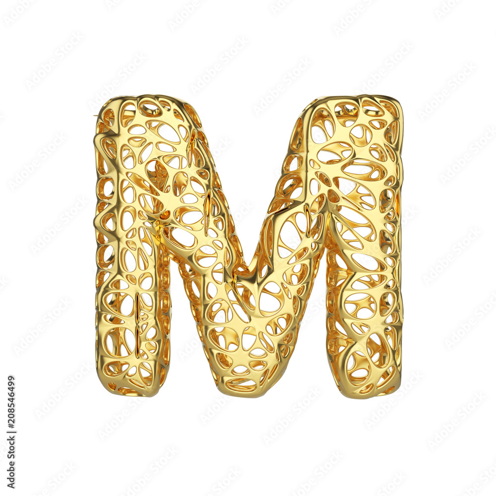 Poster alphabet letter m uppercase. gold font made of yellow cellular framework. 3d render isolated on whit