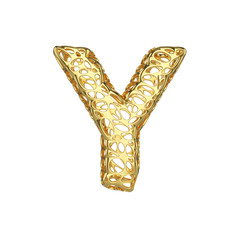 Alphabet letter Y uppercase. Gold font made of yellow cellular framework. 3D render isolated on white background.