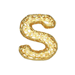 Alphabet letter S uppercase. Gold font made of yellow cellular framework. 3D render isolated on white background.