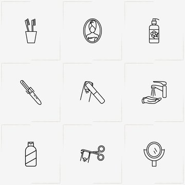 Hygiene Line Icon Set With Nail File, Shampoo And Teeth Brush