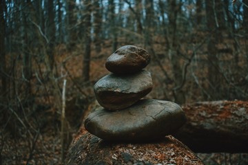 Fototapeta na wymiar Three rocks stacked up in a forst