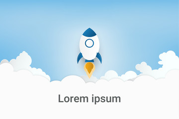 Paper art style. Rocket launch on clouds and blue sky.