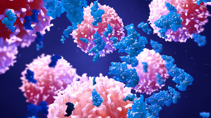 Naklejka na ściany i meble 3d illustration enzymes with lymphocytes , t cells or cancer cells