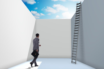 Businessman climbing a ladder to escape from problems