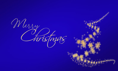Obraz na płótnie Canvas Merry Christmas background in blue with calligraphy and stylized christmas tree with golden snowflakes