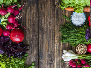 copy space with natural raw fresh food on a wooden surface flat lay