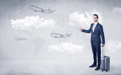Fototapeta na wymiar Businessman hitchhiking with flying airplanes cloud and map concept 