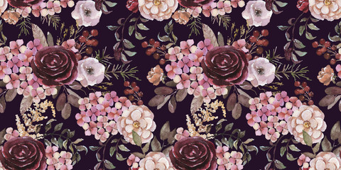 Seamless watercolor floral pattern with flower composition on black background, perfect for wrappers, wallpapers, postcards, greeting cards, wedding invitations, romantic events, etc.