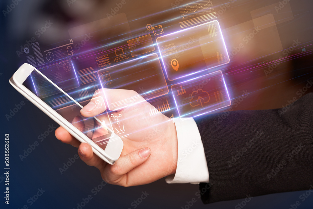 Poster hand using phone with database reports and online work concept