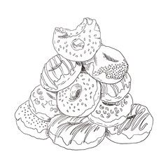 Big pile of sweet doughnuts. Hand drawn sketch. Vector illustration of donuts. Line drawing.