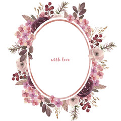 Watercolor flowers set. Beautiful round wreath. Elegant floral collection with isolated leaves and colorful flowers, hand drawn watercolor. Design for invitation, wedding or greeting cards.